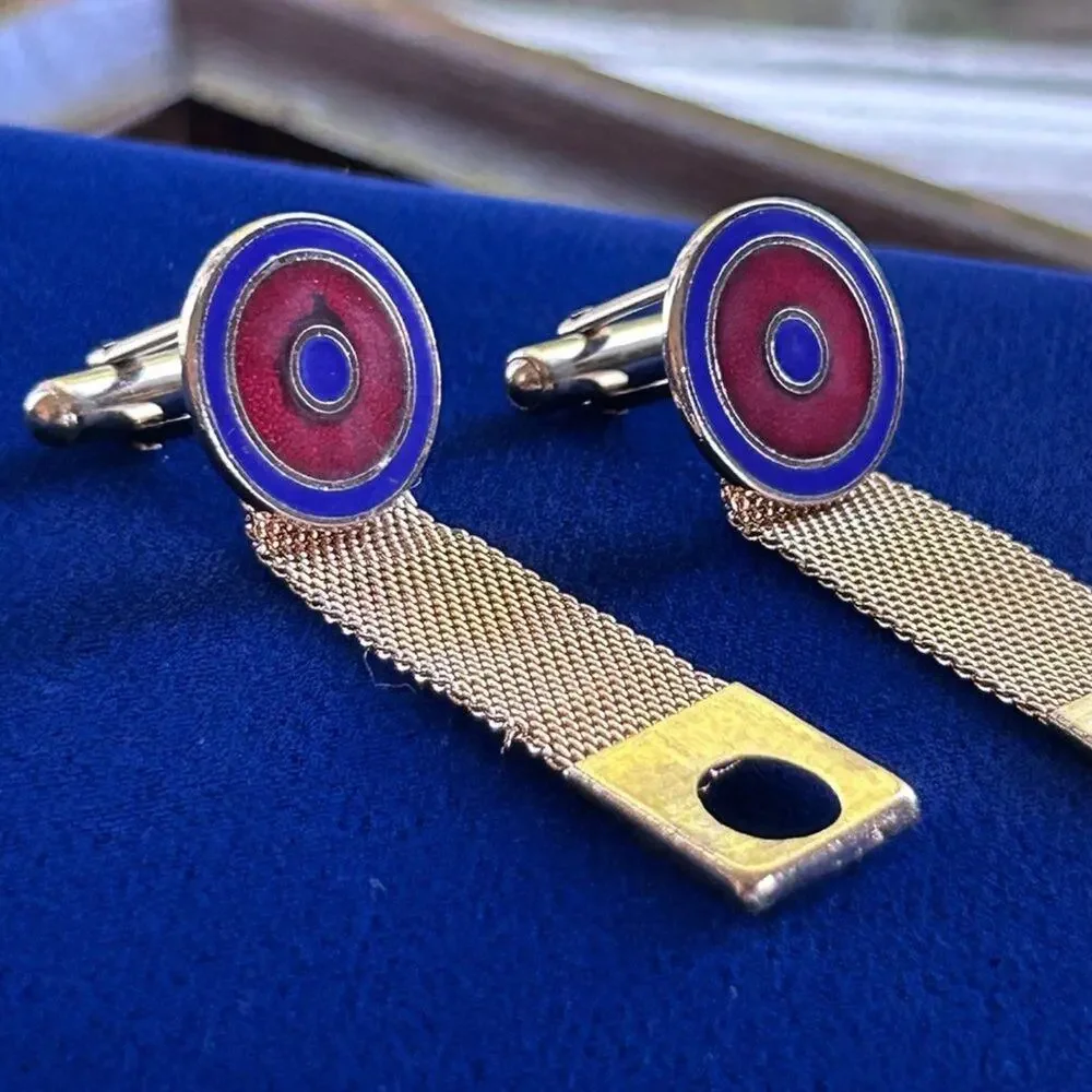 Vintage Blue and Red Bullseye Gold Tone Mesh Wrap Around Cufflinks
